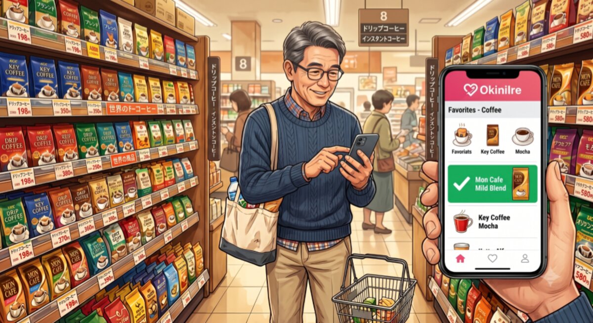 The same shopper checking his OkiniIre favorites list on his phone