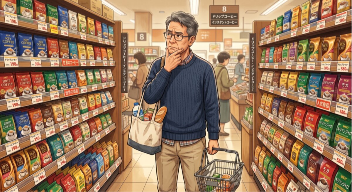 A shopper standing in a coffee aisle, unsure which one was his favorite