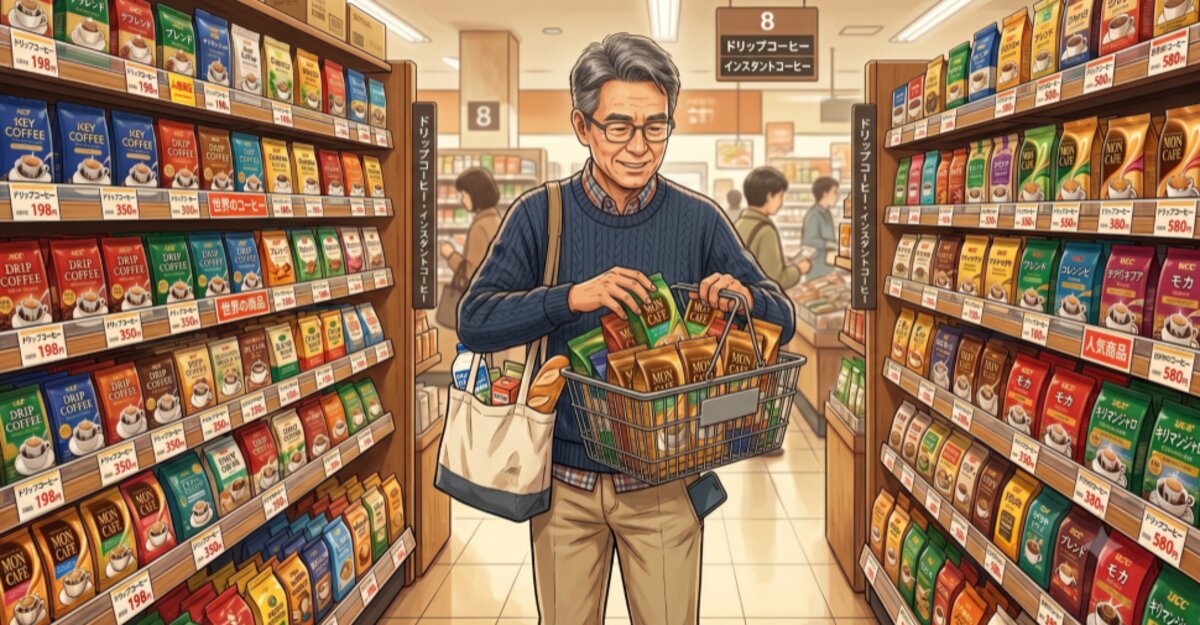 The shopper confidently picking the right coffee for his basket