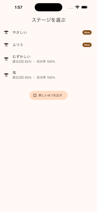 ステージ一覧。難易度ごとに直近の平均と成功率が並ぶ